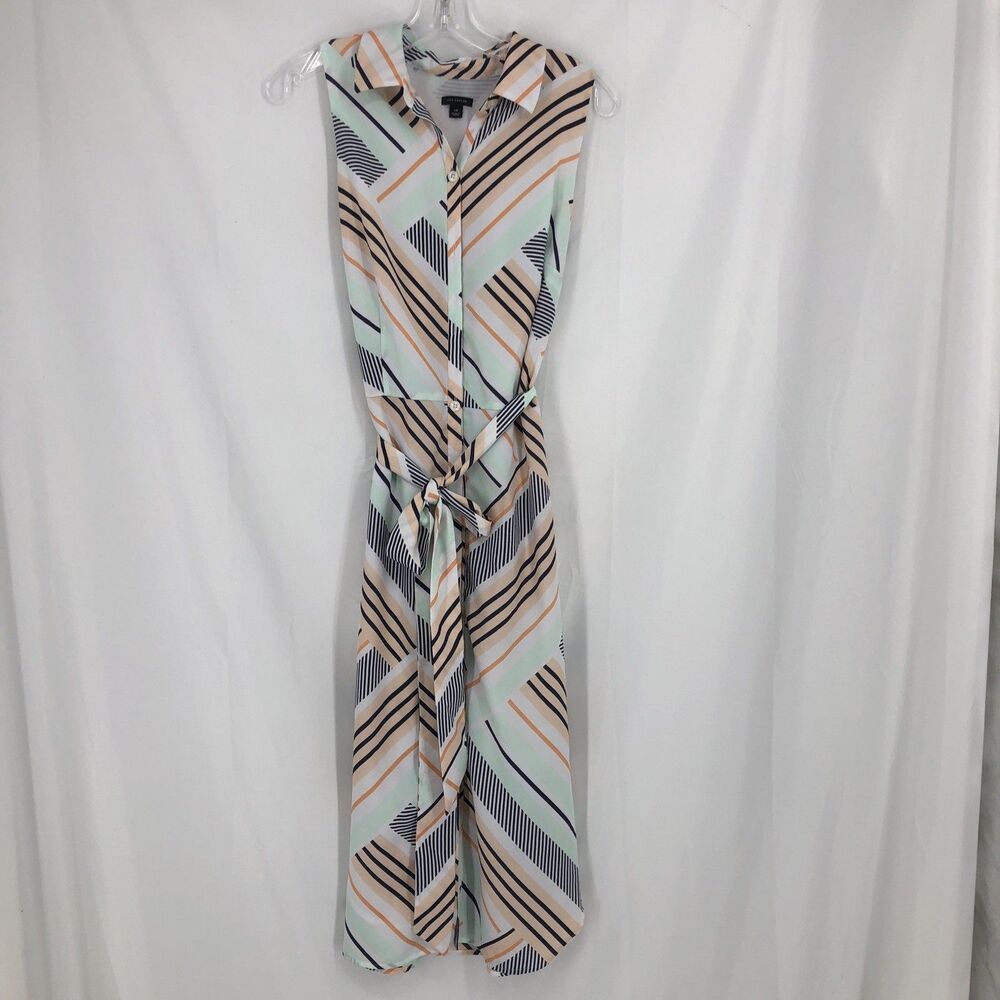 Ann Taylor Belted Shirt Midi Dress 14 Cream Orange Black Mint Green Peach Stripe